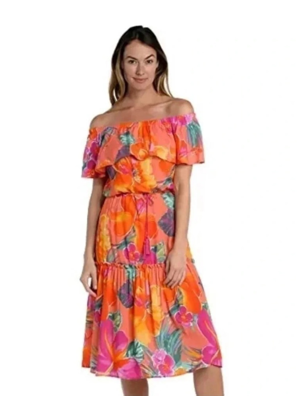 La Blanca Vibrant Floral‎ Off-Shoulder Midi Dress Swim Coverup Size M